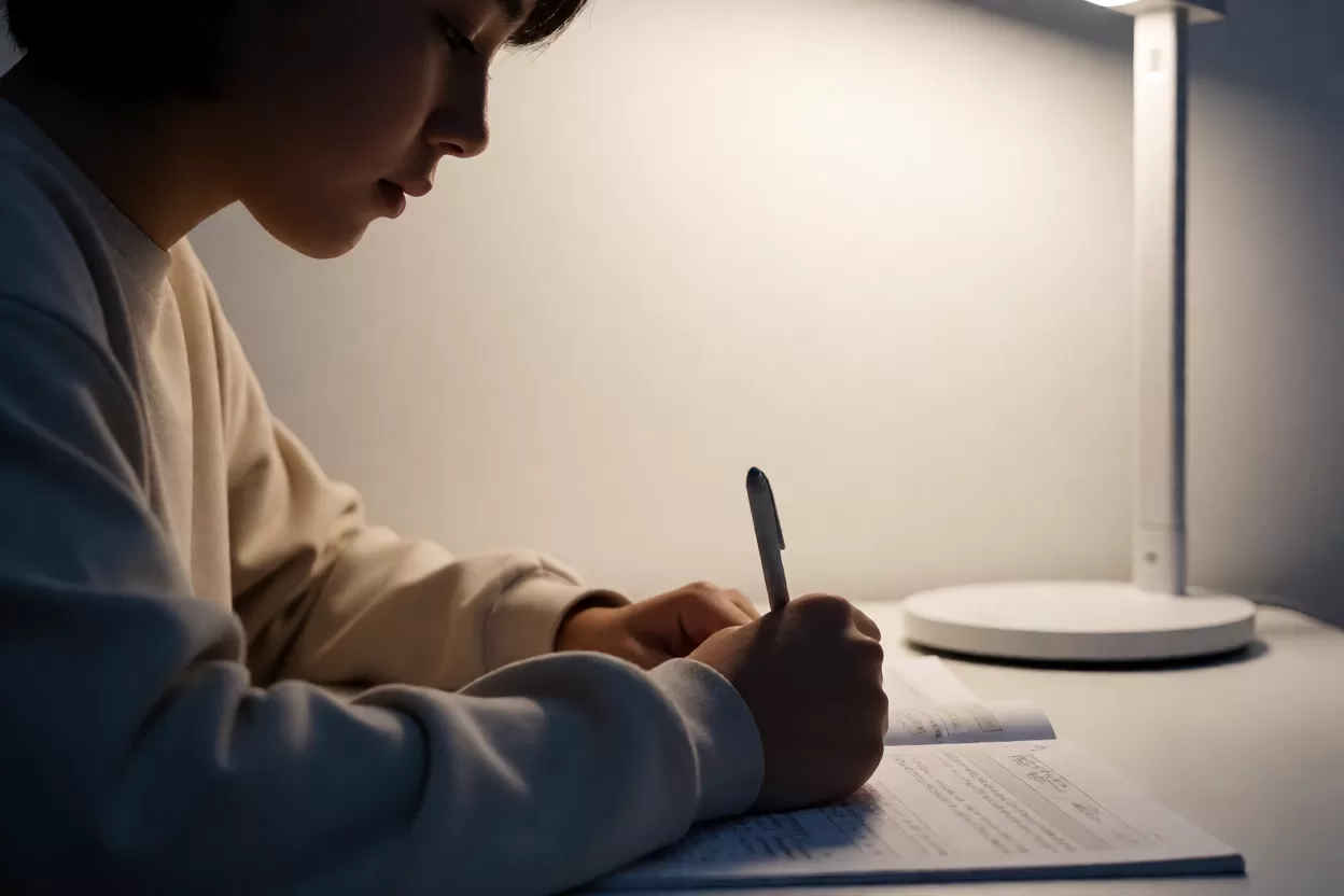 学生在护眼台灯下写作业的均匀桌面照明