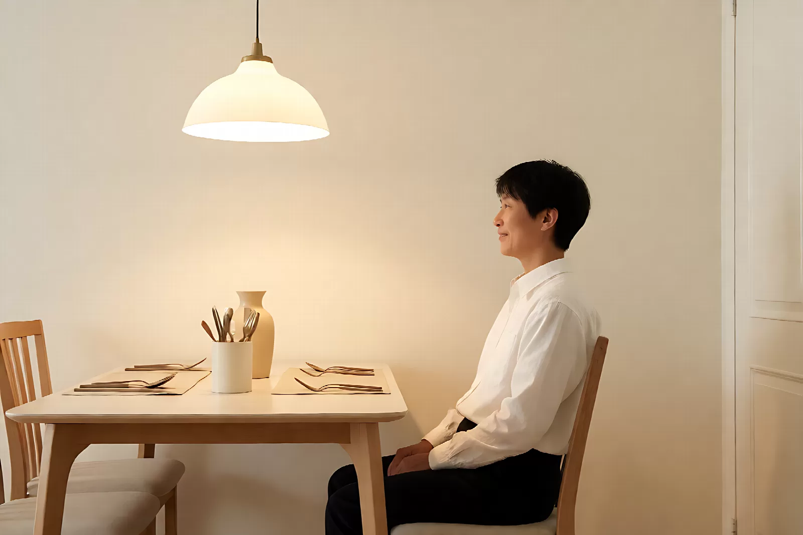 餐厅吊灯高度侧视：吊灯下沿与桌面之间留有舒适距离，餐具与花瓶被暖光笼罩