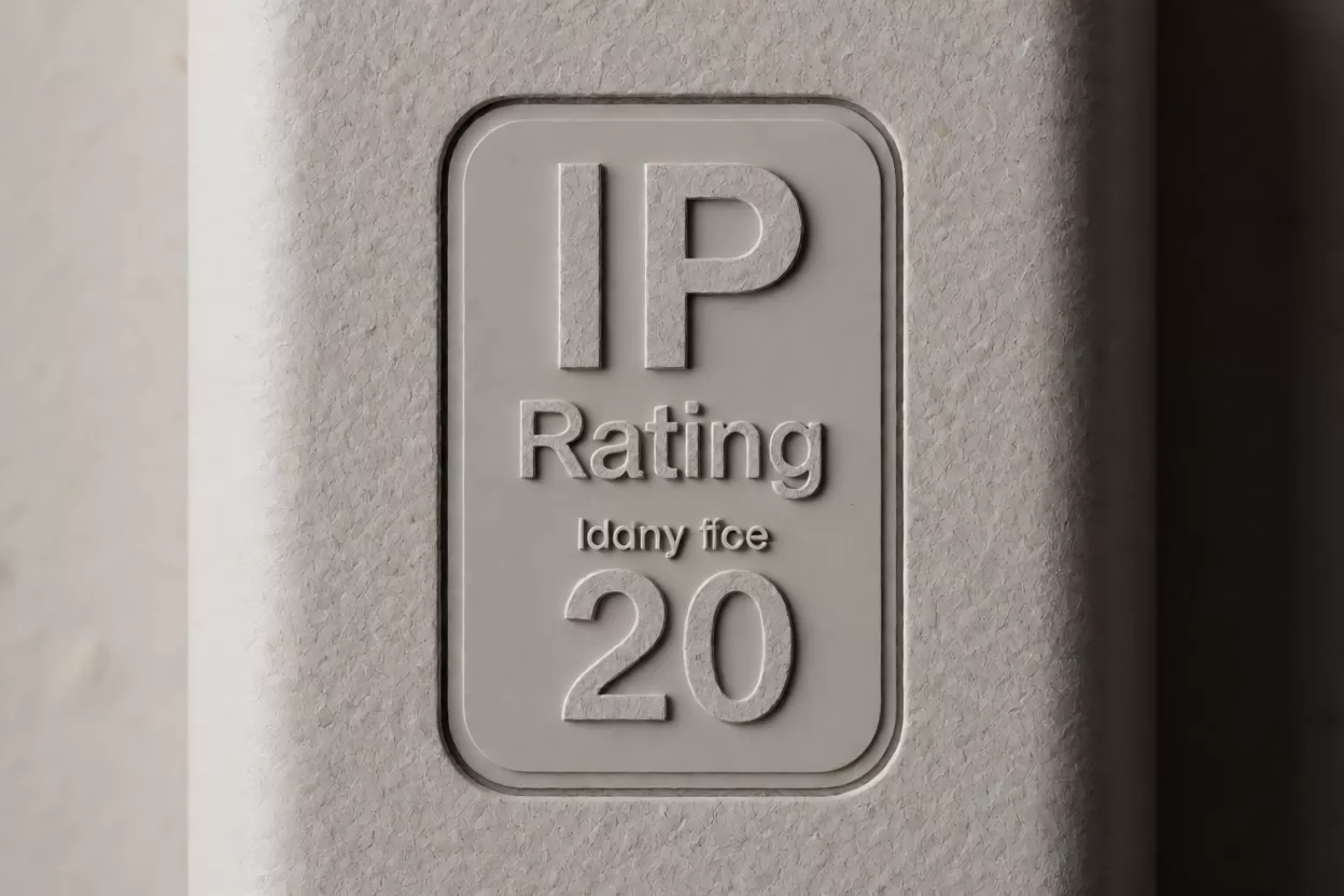 吸顶灯铭牌上 IP 防水等级标识的特写