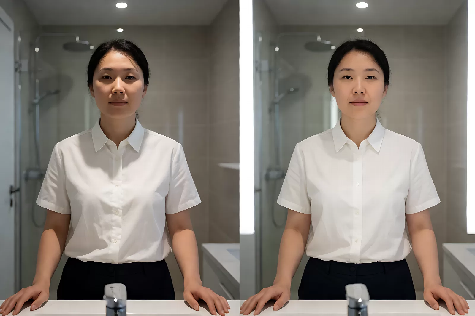 镜前灯照脸效果对比：顶灯直射产生阴影与两侧灯光均匀照明的差别