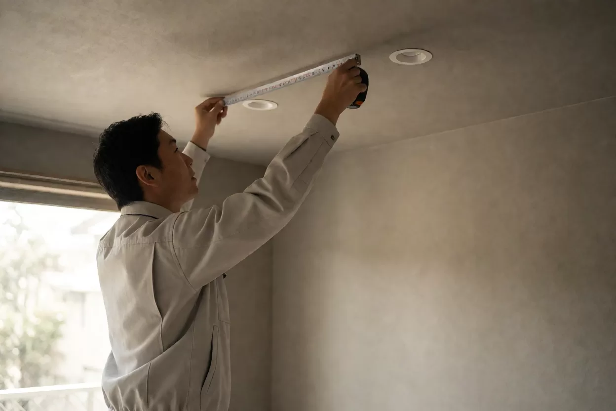 客厅筒灯间距测量：工人用卷尺量天花板上两个筒灯开孔的中心距