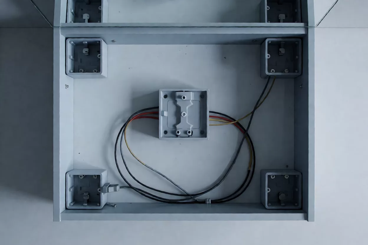 卫生间镜柜内侧灯带走线与防水电源盒安装细节