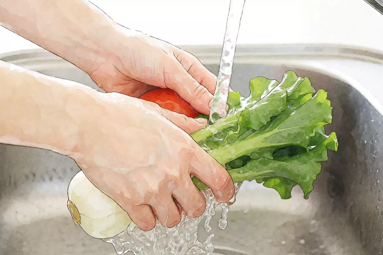 水槽洗菜时手部与食材被补光照亮的效果