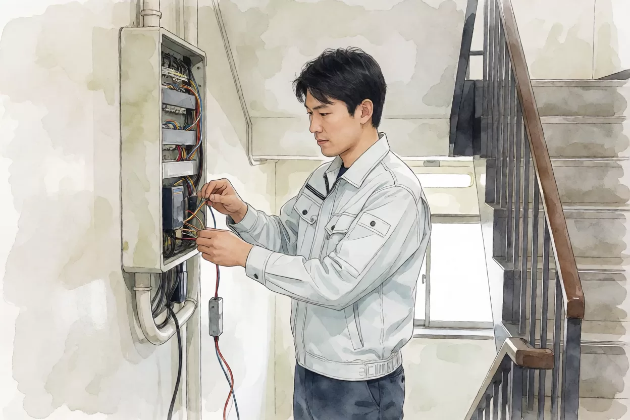 楼梯侧面线槽内穿好的低压灯带电源线与接线示意