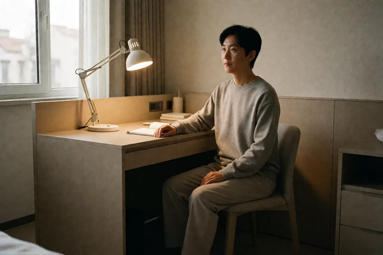 书房主灯与台灯同时打开，桌面与环境照度配比合适
