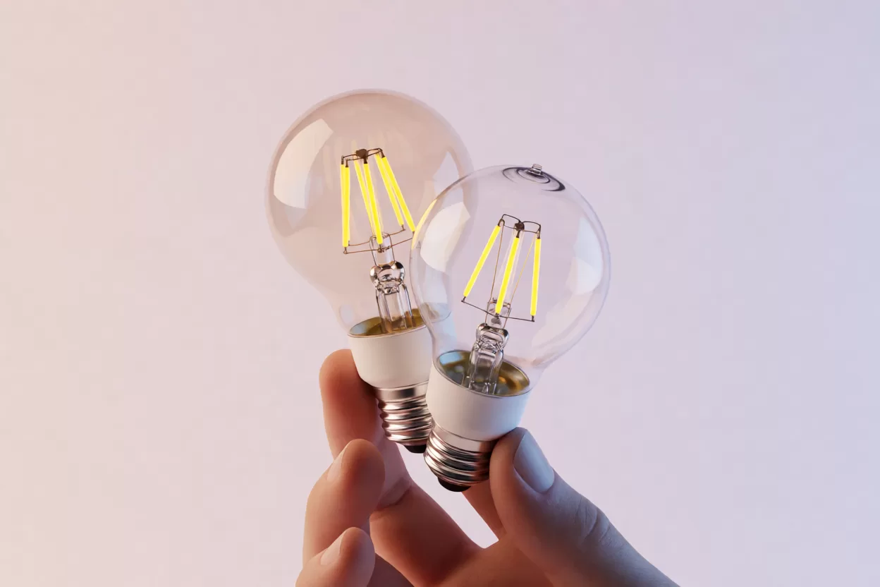 两枚不同色温的 LED 灯泡并排对比灯丝颜色